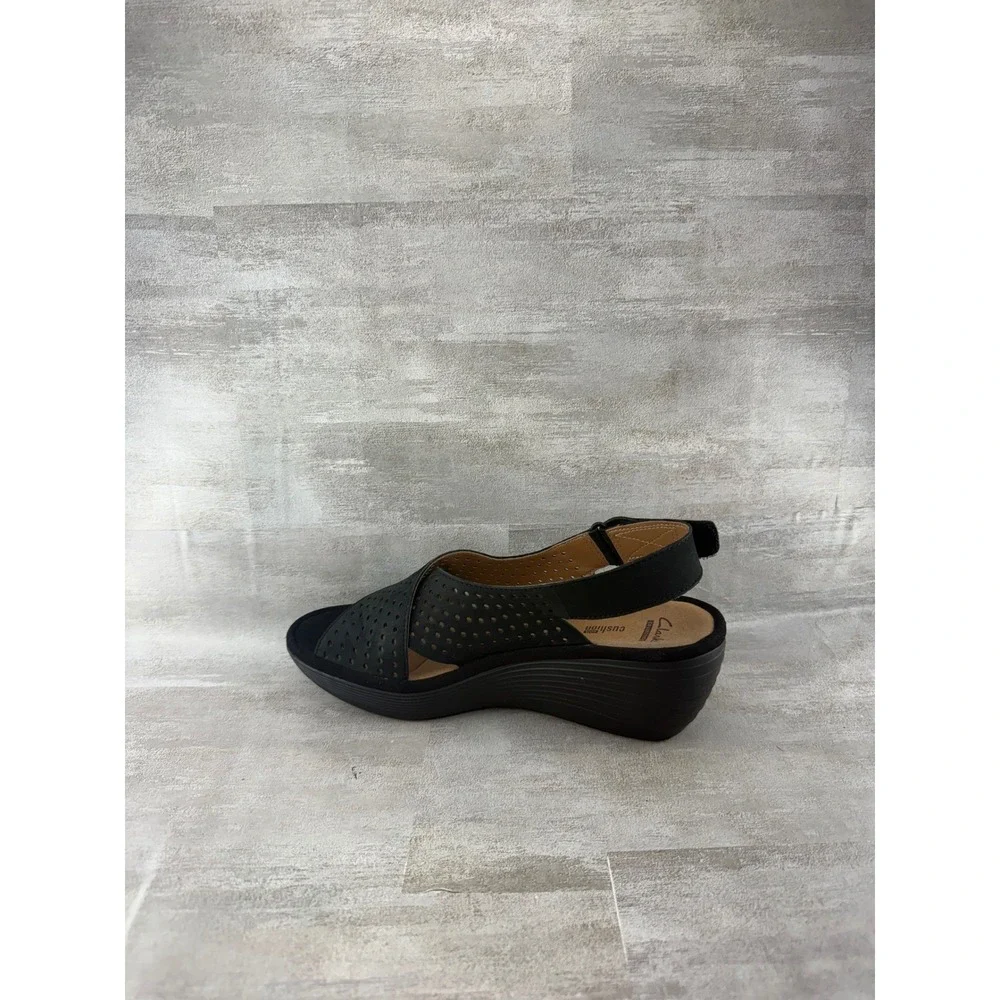 Clarks Collection Black Perforated Wedge Sandals Women Sz 8M Cushion Soft Shoes